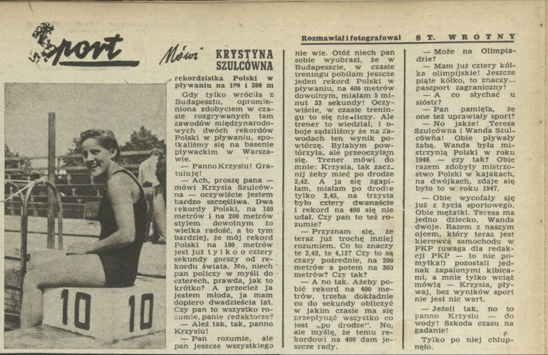 Mówi Krystyna Szulcówna - rekordzistka Polski w pływaniu