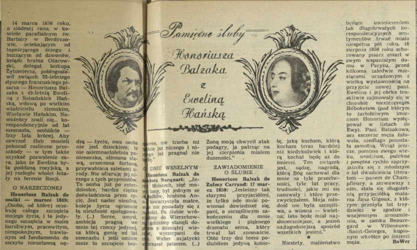 Pamiętne śluby Honoriusza Balzaca z Ewelina Hańską