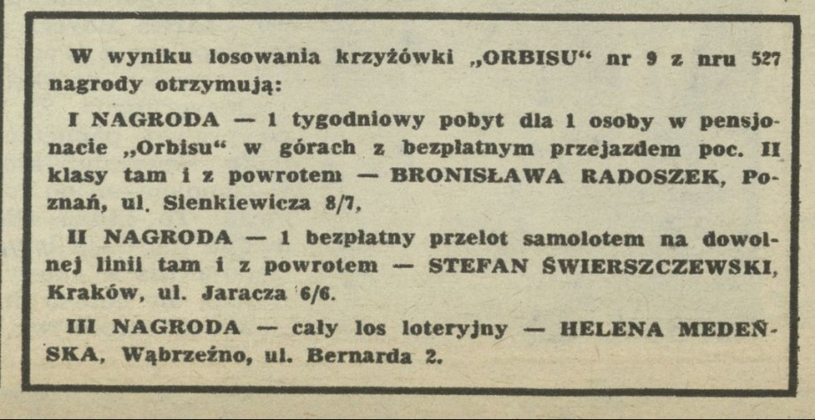 W wyniku losowania krzyżówki Orbisu nr 9