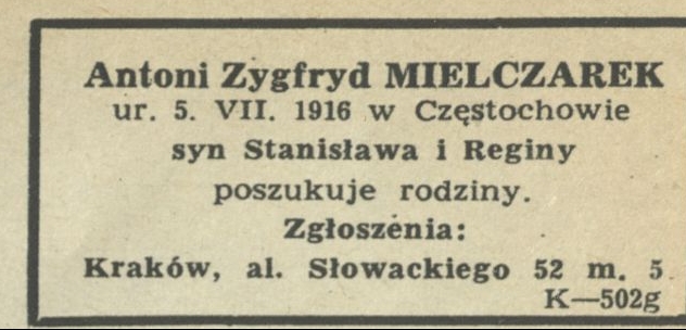 Antoni Zygfryd Mielczarek poszukuje rodziny