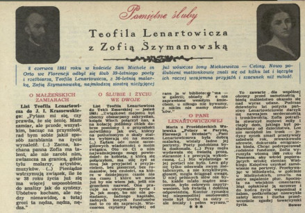 Pamiętne śluby: Teofila Lenartowicza z Zofią Szymanowską