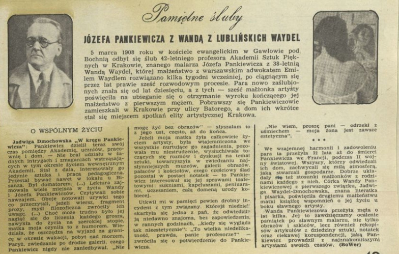 Pamiętne śluby. Ślub Józefa Pankiewicza z Wandą z Lublińskich Waydel